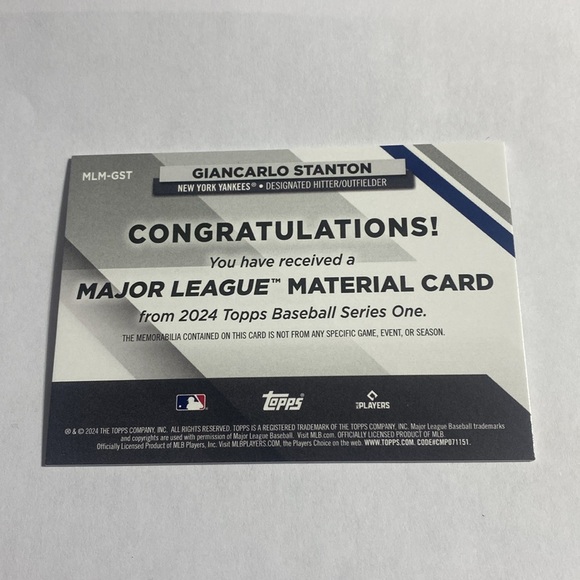 2024 Topps Giancarlo Stanton Yankees Game Used Jersey MLM-GST (053) - Picture 2 of 2